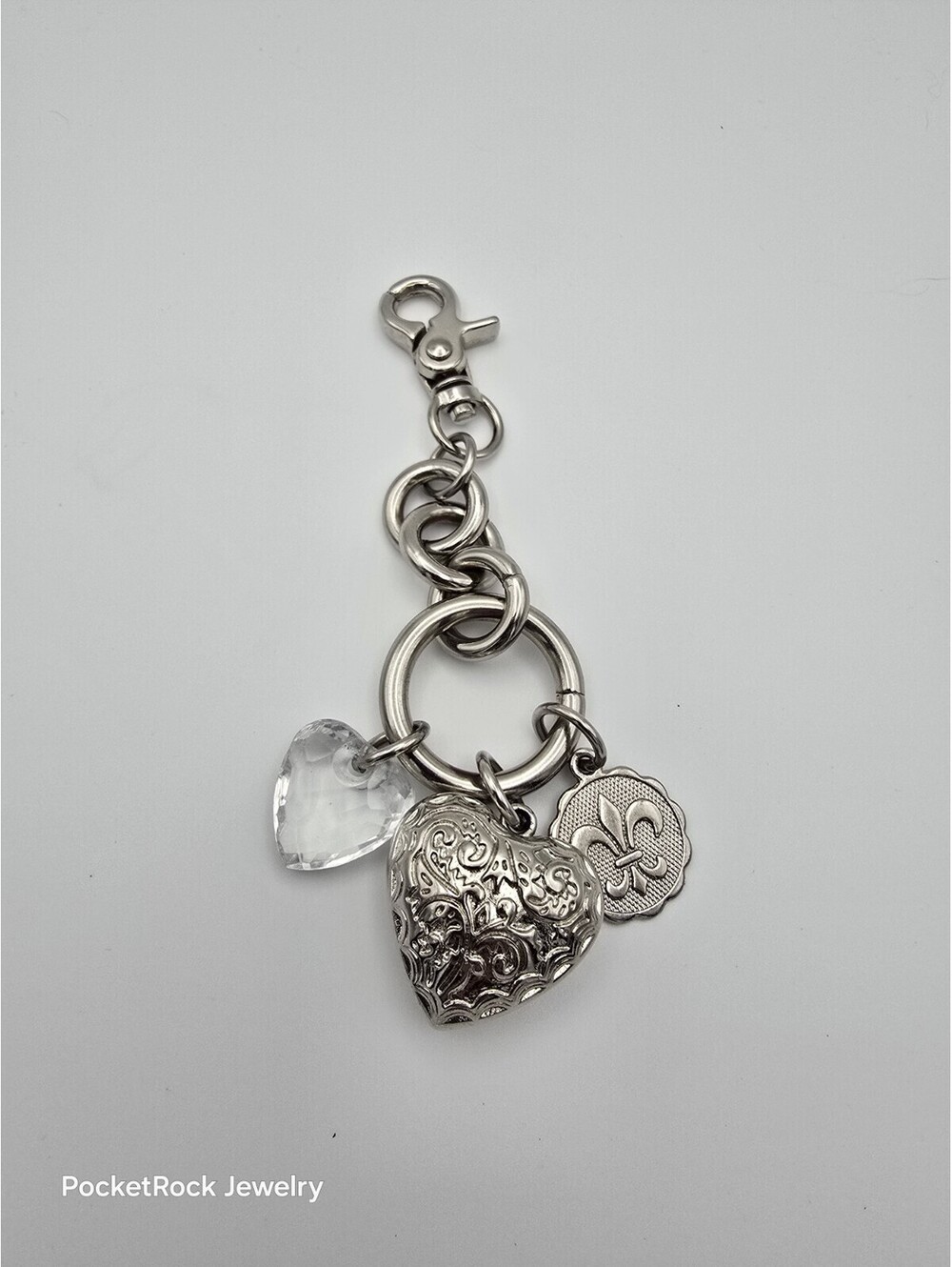Kathy Van Zeeland Silver Heart & Fleur-de-Lis Bag/Purse Charm Keychain